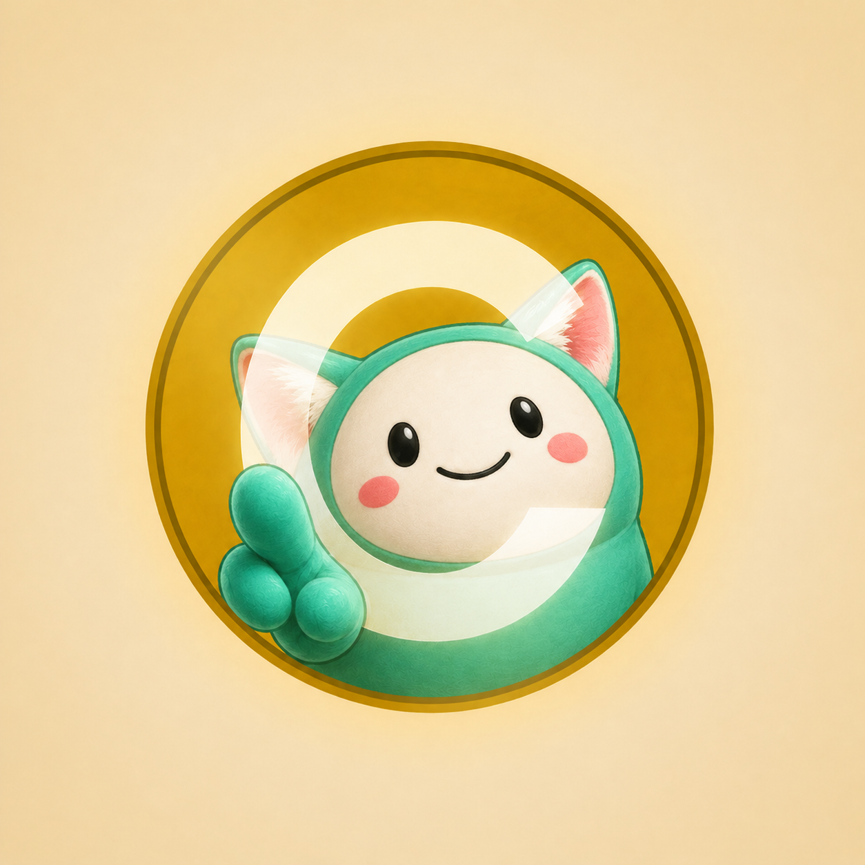 Cupcate, a mint-green cat mascot waving from inside a gold coin