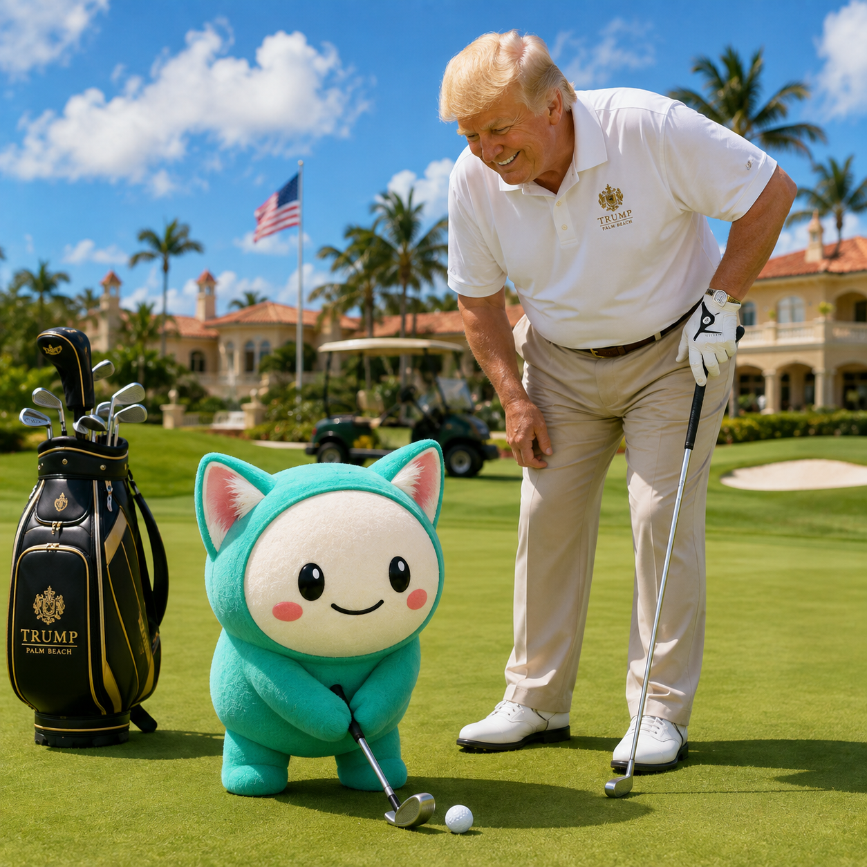 Cupcate lining up a putt on a golf course next to Donald Trump