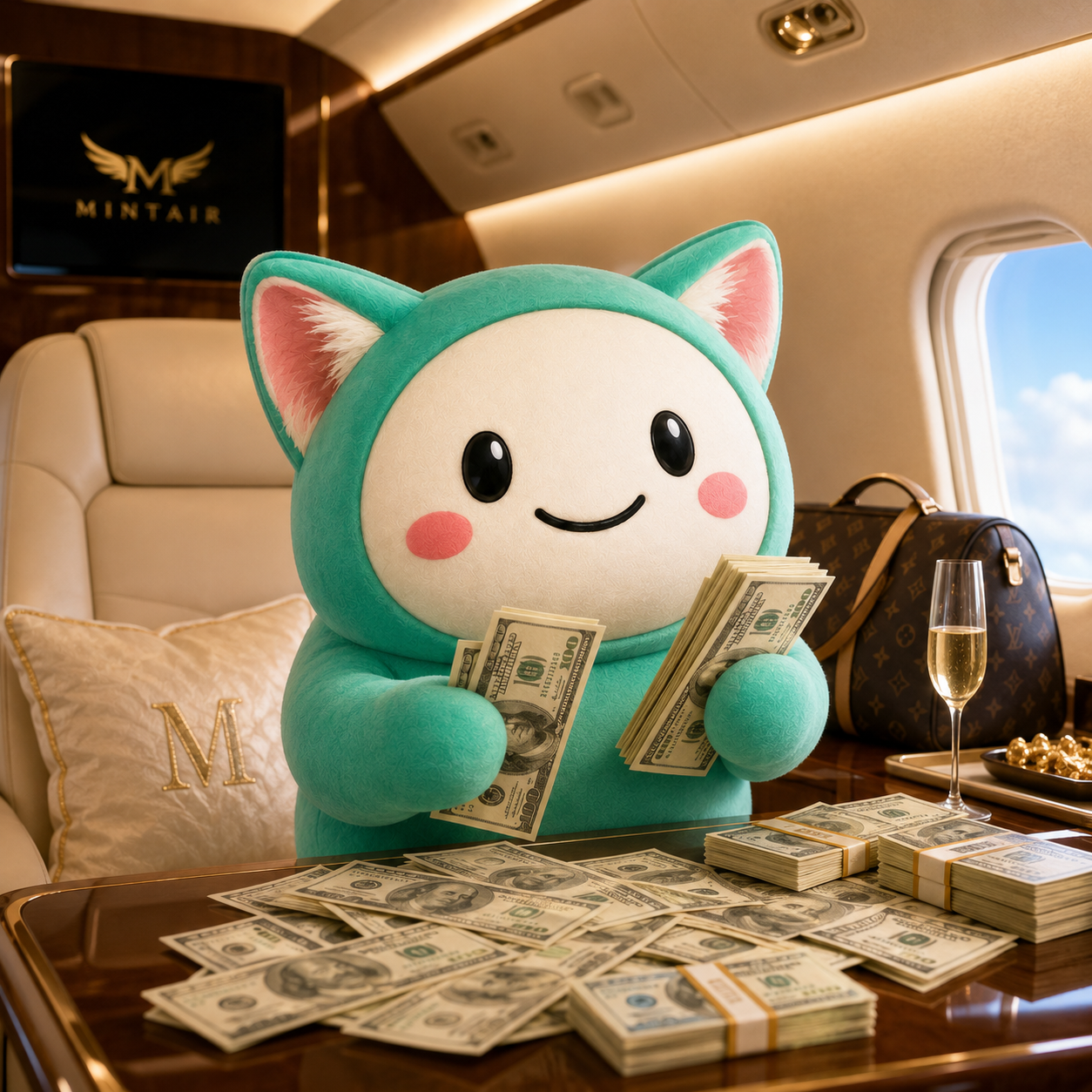 Cupcate counting hundred dollar bills on a private jet table