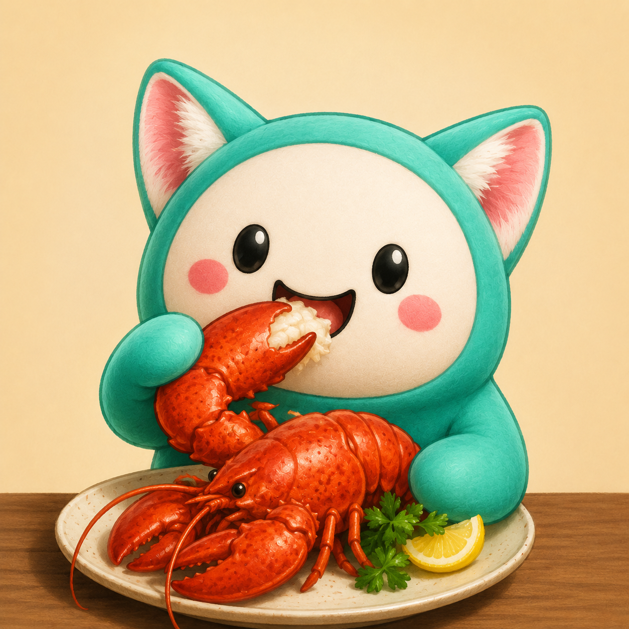 Cupcate eating a whole lobster off a plate