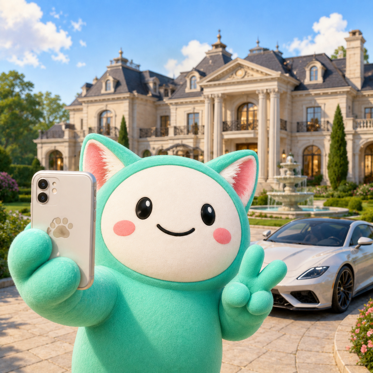 Cupcate taking a selfie in front of a mansion and a silver supercar