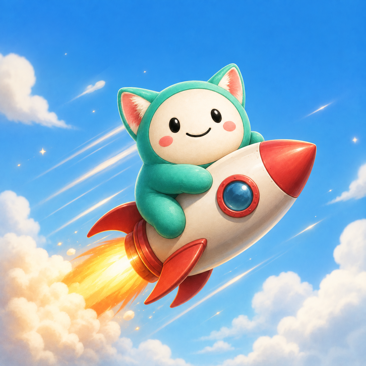 Cupcate flying through the sky on a red and white rocket